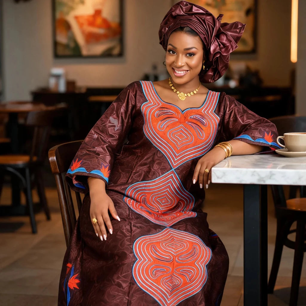 Women's Plus-Size Embroidered Long Dress & Scarf - Free Delivery Worldwide only at Flexi Africa