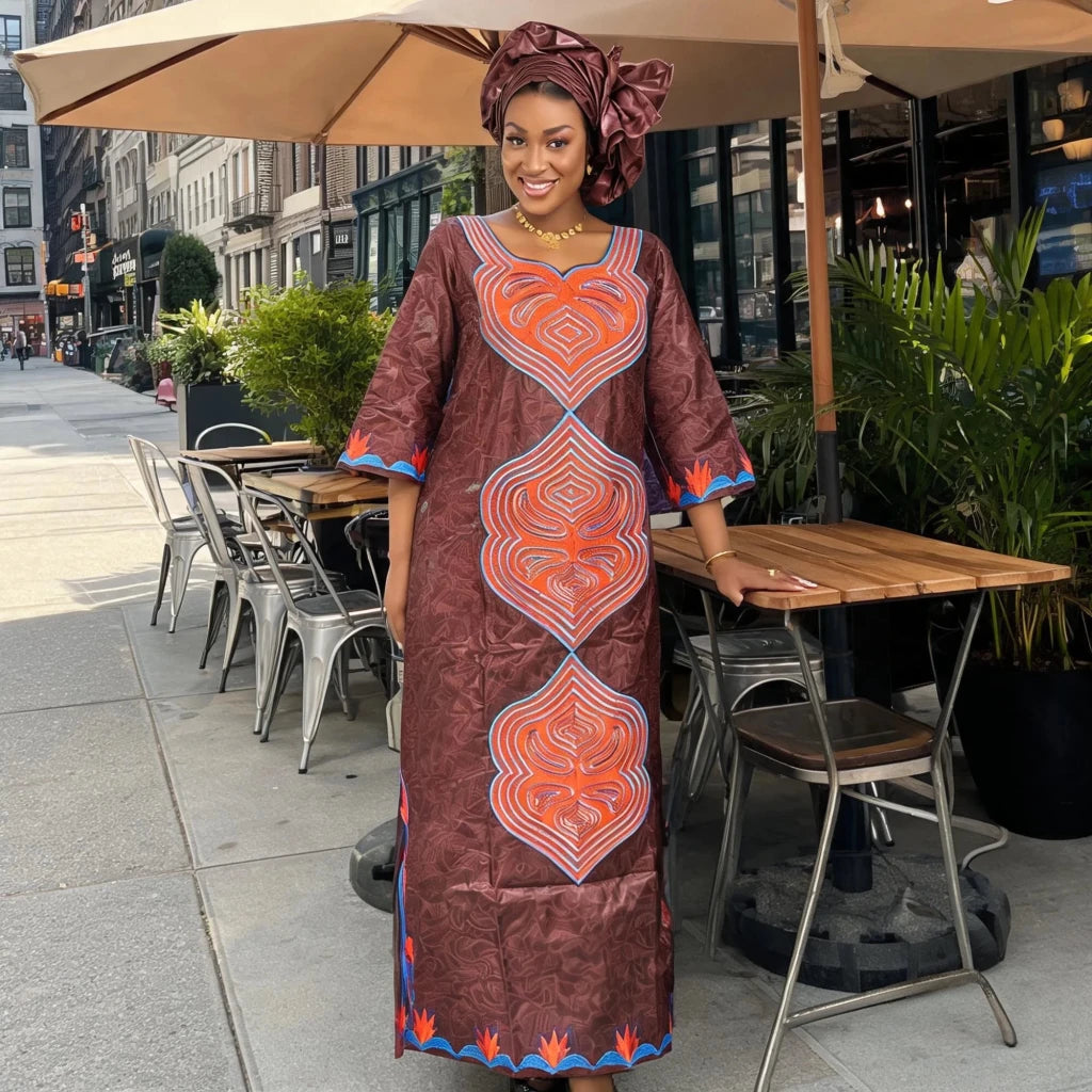 Women's Plus-Size Embroidered Long Dress & Scarf - Free Delivery Worldwide only at Flexi Africa