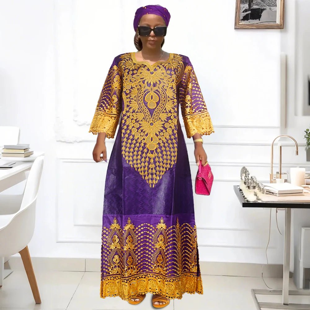 Women’s Purple Bazin Embroidered Traditional African Wedding Dress – Luxury Occasion Wear - Free Delivery Worldwide only at Flexi Africa