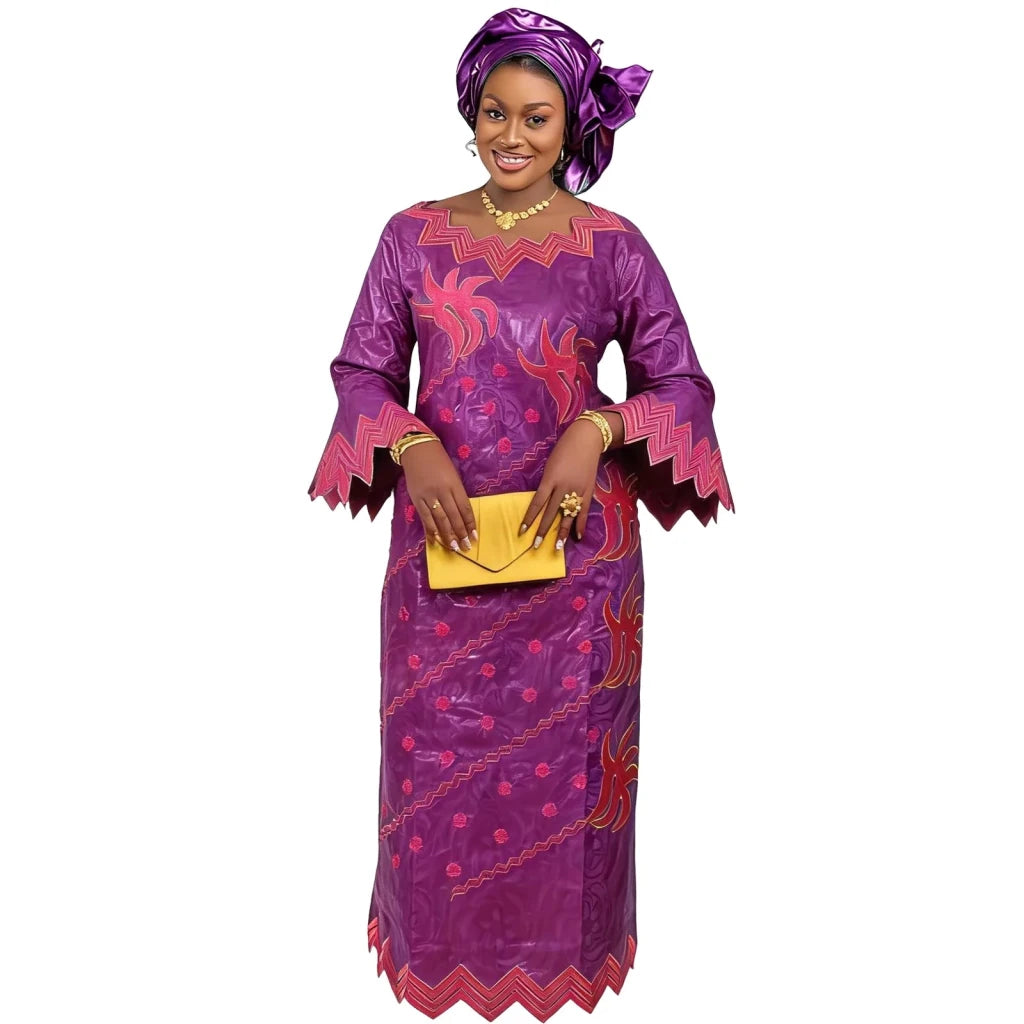 Women's Purple Embroidered Long Dress with Scarf - Free Delivery Worldwide only at Flexi Africa