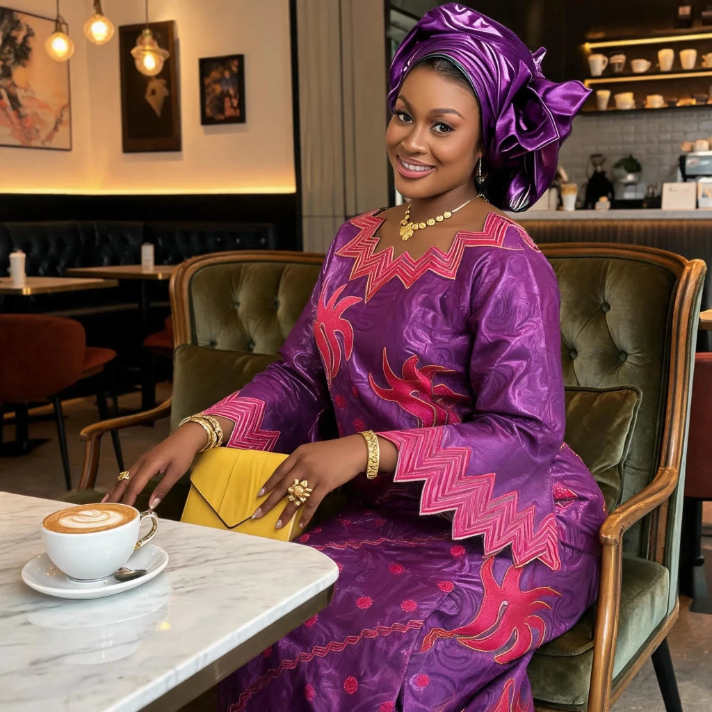 Women's Purple Embroidered Long Dress with Scarf - Free Delivery Worldwide only at Flexi Africa