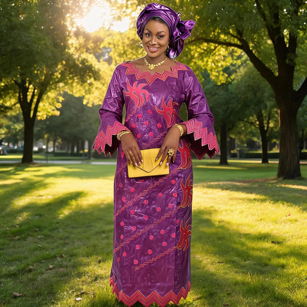 Women's Purple Embroidered Long Dress with Scarf - Free Delivery Worldwide only at Flexi Africa