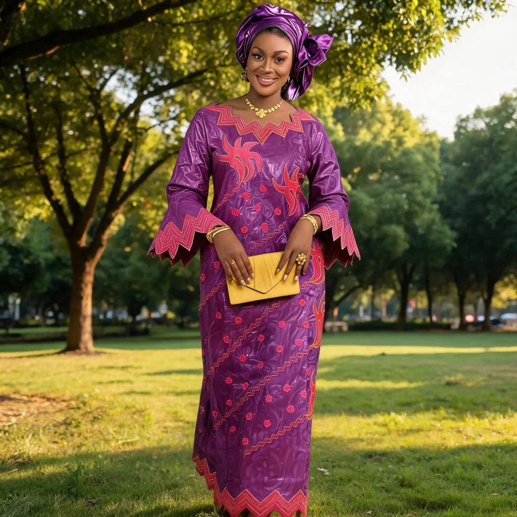 Women's Purple Embroidered Long Dress with Scarf - Free Delivery Worldwide only at Flexi Africa