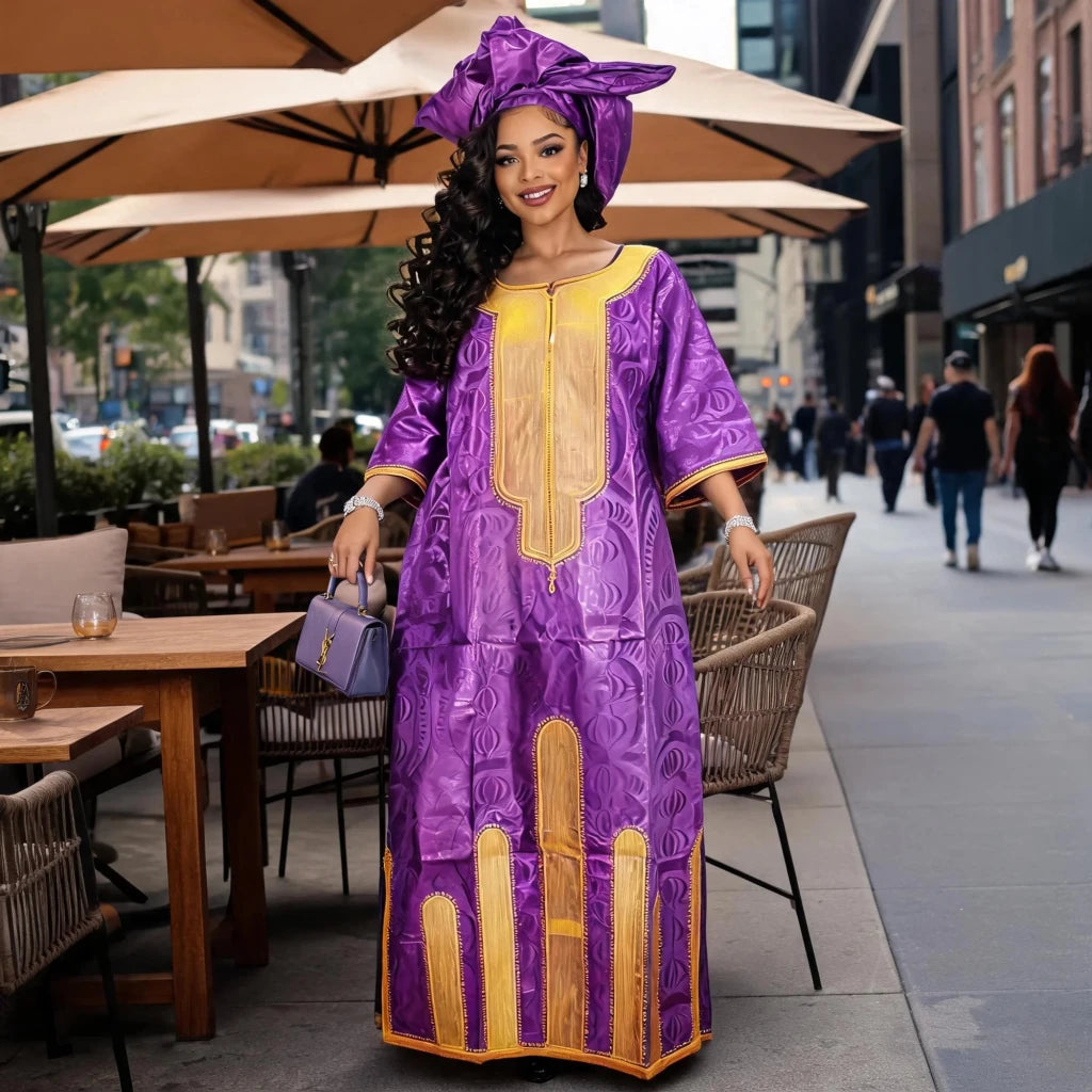 Women's Purple Plus Size Embroidered Dress with Scarf - Free Delivery Worldwide only at Flexi Africa