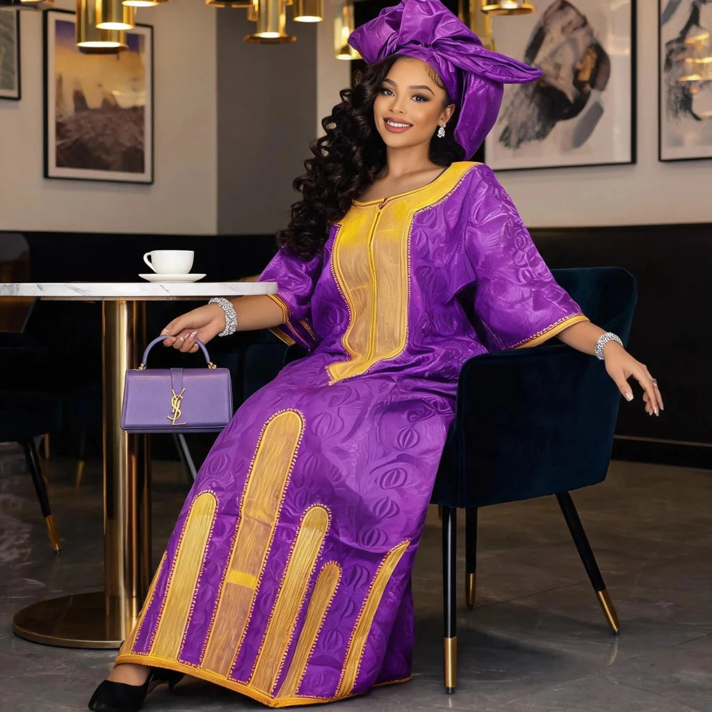Women's Purple Plus Size Embroidered Dress with Scarf - Free Delivery Worldwide only at Flexi Africa