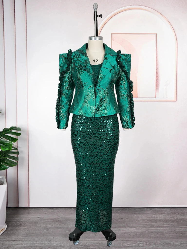 Women's Sequin Vest Dress & Long Sleeve Coat Set – 2-Piece African Party Outfit - Free Delivery Worldwide only at Flexi Africa