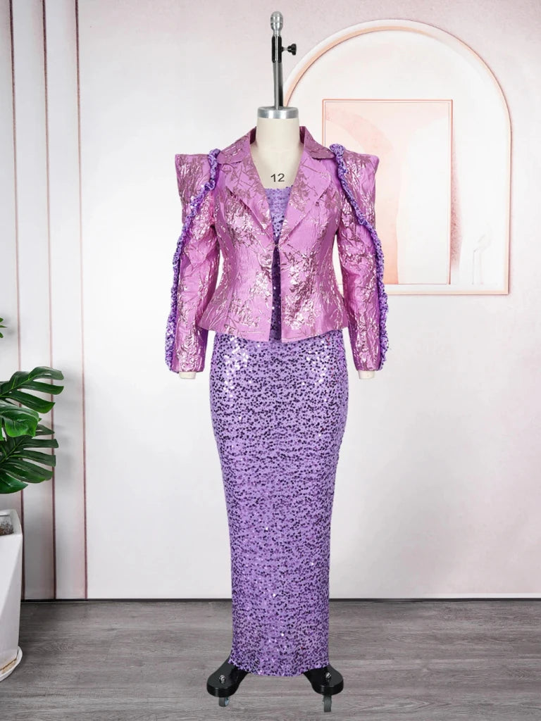 Women's Sequin Vest Dress & Long Sleeve Coat Set – 2-Piece African Party Outfit - Free Delivery Worldwide only at Flexi Africa