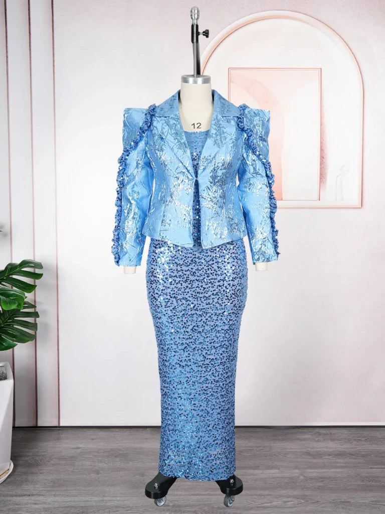 Women's Sequin Vest Dress & Long Sleeve Coat Set – 2-Piece African Party Outfit - Free Delivery Worldwide only at Flexi Africa