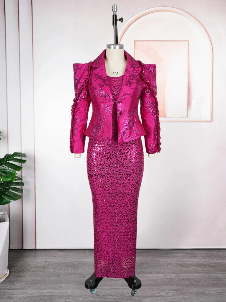 Women's Sequin Vest Dress & Long Sleeve Coat Set – 2-Piece African Party Outfit - Free Delivery Worldwide only at Flexi Africa