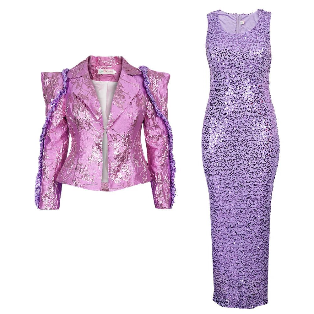 Women's Sequin Vest Dress & Long Sleeve Coat Set – 2-Piece African Party Outfit - Free Delivery Worldwide only at Flexi Africa