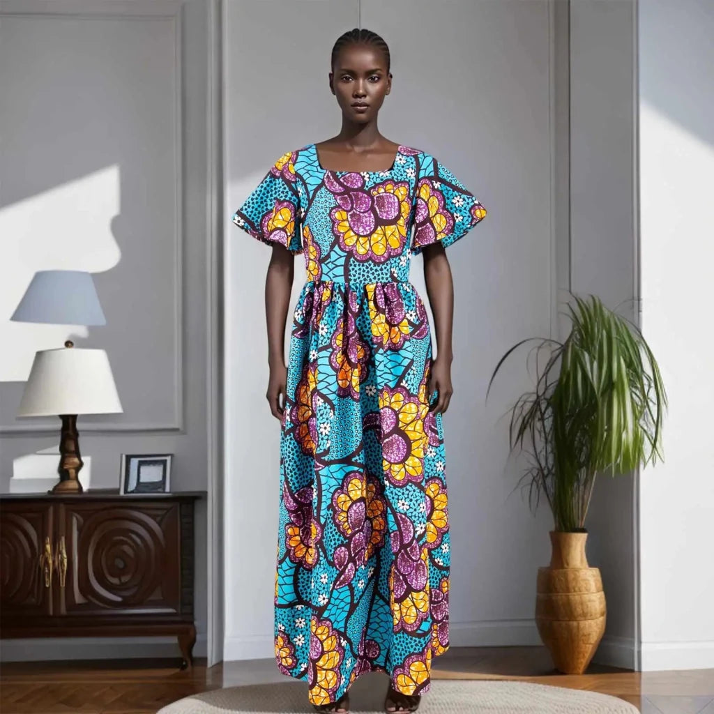 Women’s Straight Dress – Tailored Casual Short Sleeve Ankle - Length African Print Dress - Free Delivery Worldwide only at Flexi Africa