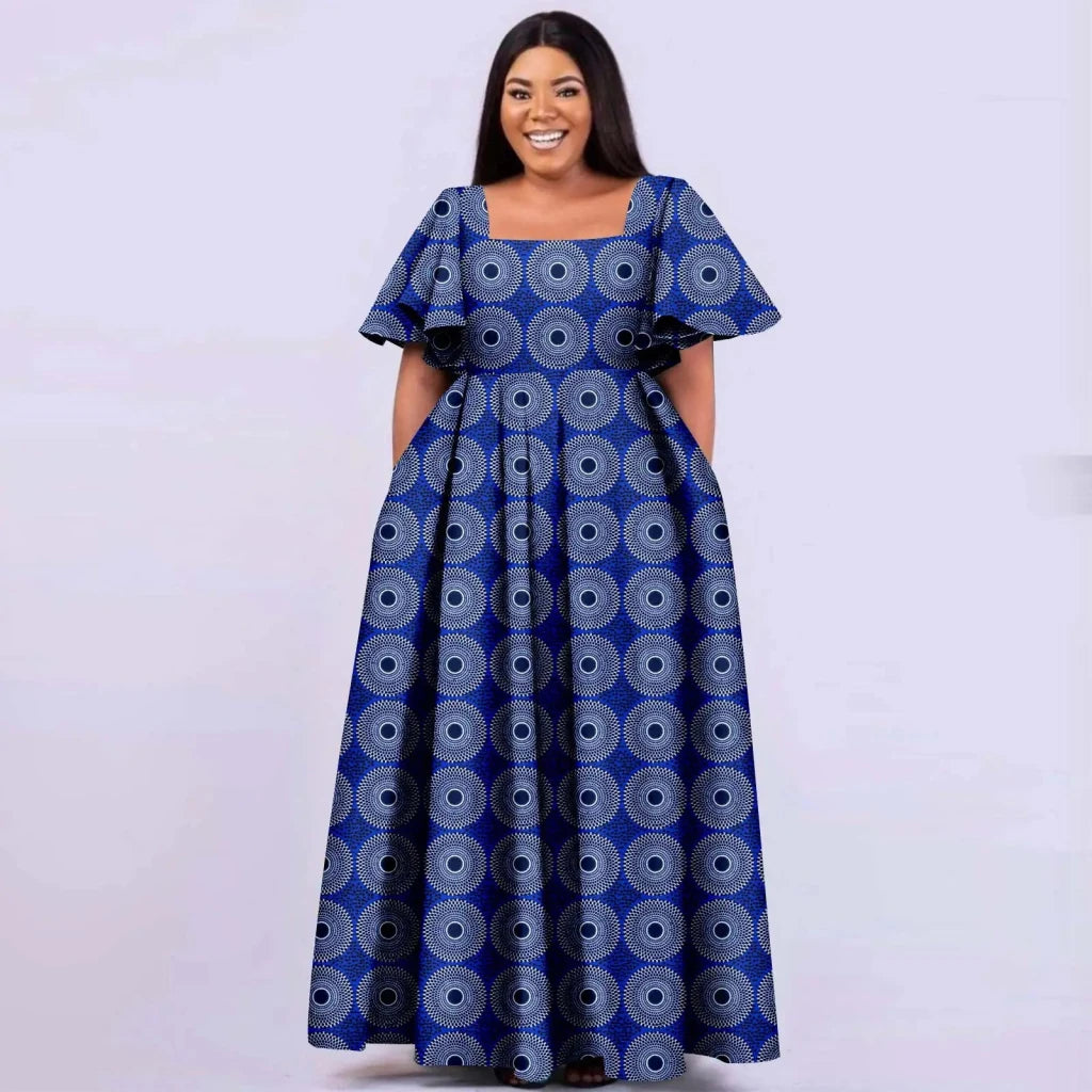 Women's African Print Tailored Short Sleeve Ankle-Length Dress