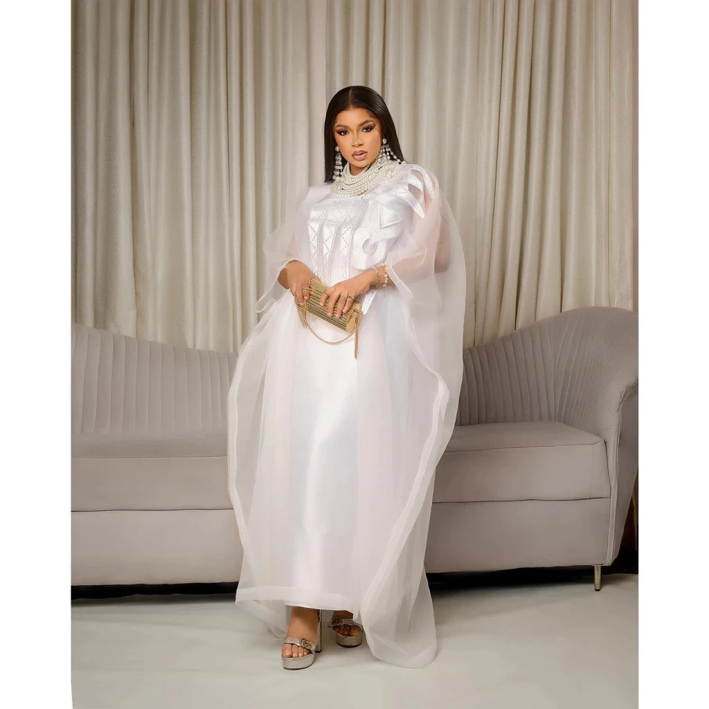 Women's White Embroidered Abaya-Style Dress