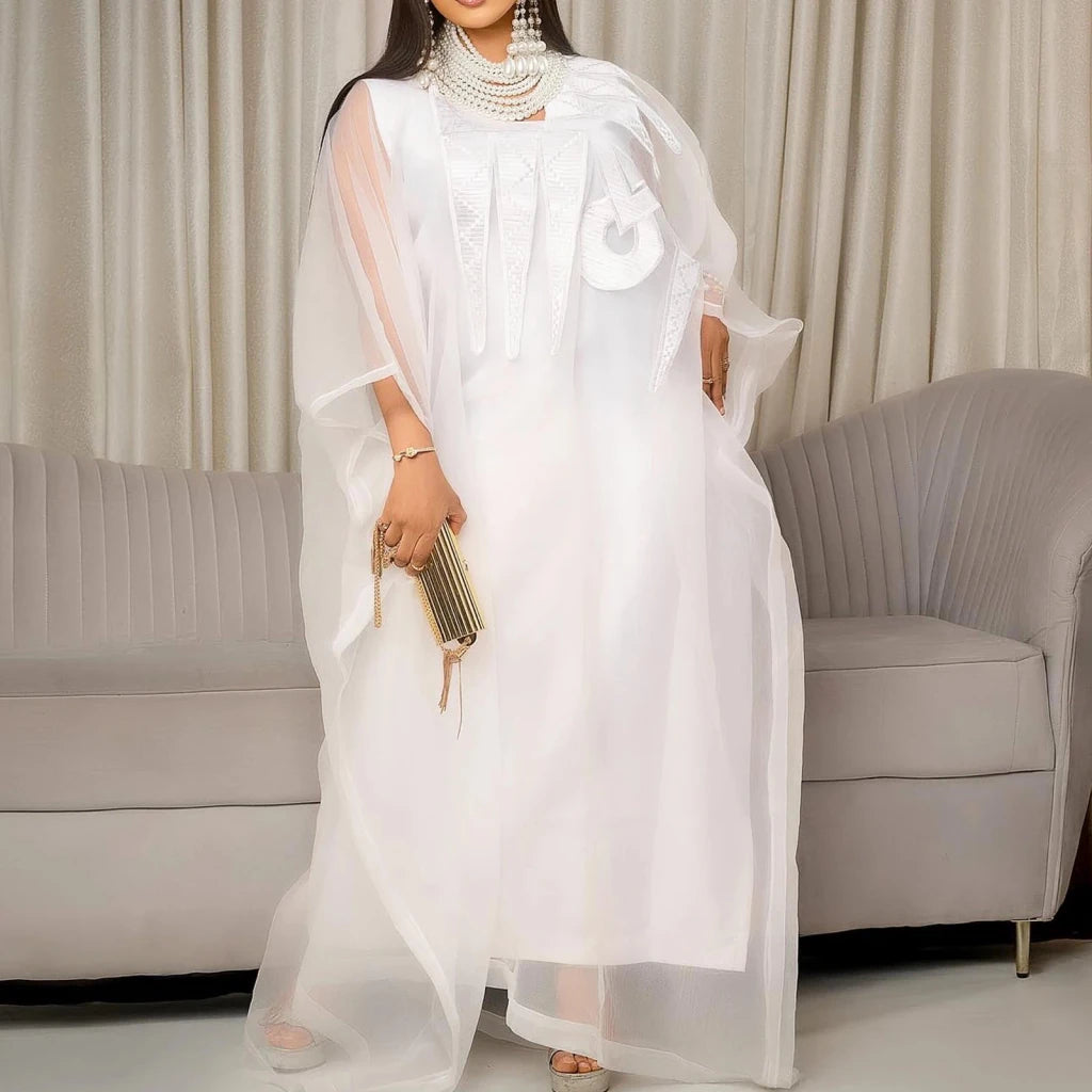 Women's White Embroidered Abaya-Style Occasion Dress - Free Delivery Worldwide only at Flexi Africa