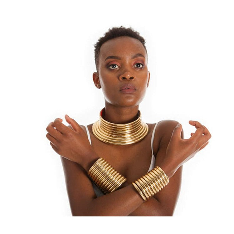 Vintage Gold Statement Choker Necklace Set - Leather African Jewelry with Torques Collar and Maxi Pendant - Flexi Africa - Flexi Africa offers Free Delivery Worldwide - Vibrant African traditional clothing showcasing bold prints and intricate designs