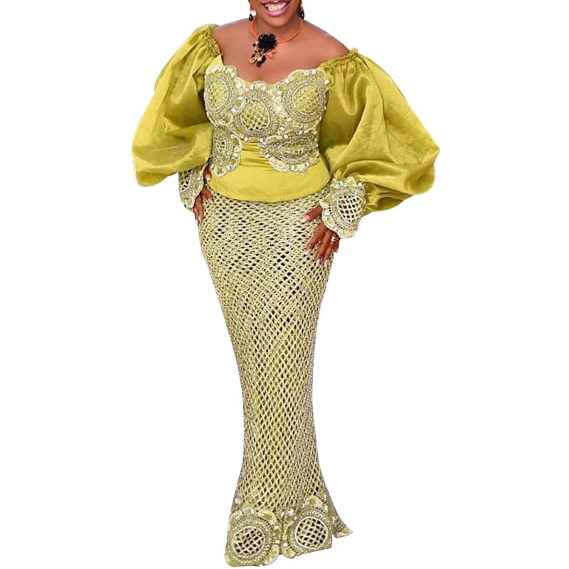 2PC African Bodycon Mermaid Dresses Set for Women - Wedding Gowns, Long Dresses & Robes - Flexi Africa - Flexi Africa offers Free Delivery Worldwide - Vibrant African traditional clothing showcasing bold prints and intricate designs