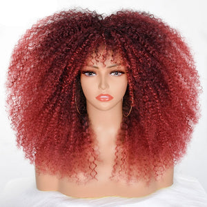 Black to Brown Afro Kinky Curly Wig with Bangs: 18-Inch Synthetic Fibre Glueless Cosplay Hair for Black Women's Afro-Centric Style Needs