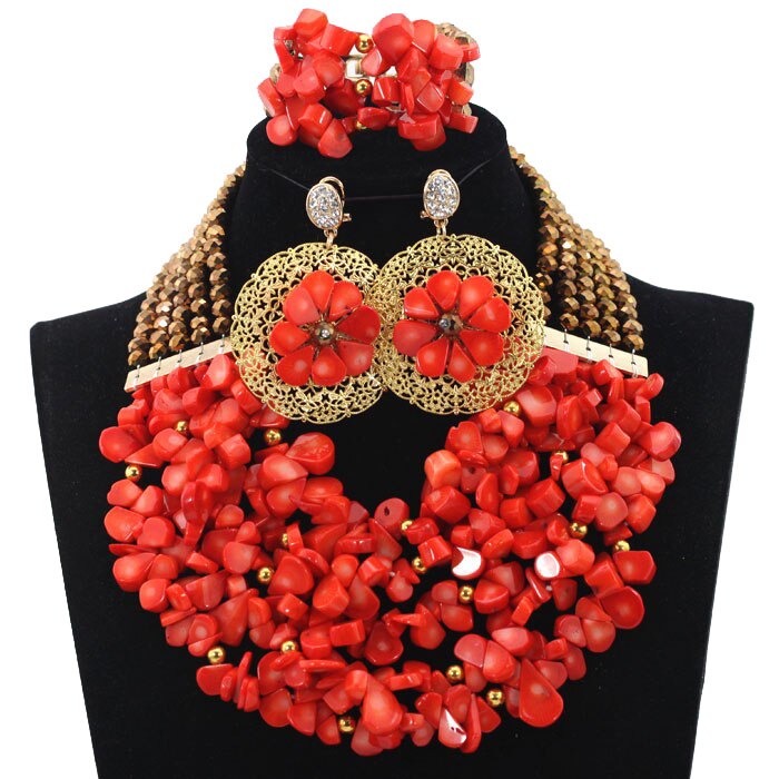 Luxury Red Coral African Golden Bridal Wedding Jewelry Set - Real Original Coral Accessories - Flexi Africa - Flexi Africa offers Free Delivery Worldwide - Vibrant African traditional clothing showcasing bold prints and intricate designs