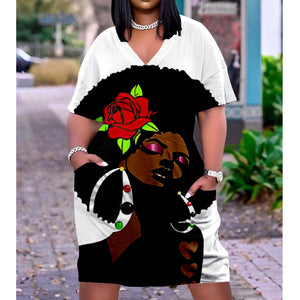 Sexy Girl Midi African Dresses Women Bohemian 3D Evening Dress Female Slim Gothic Womens Fashion Party Dress Street V-Neck Knee