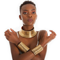 Vintage Gold Statement Choker Necklace Set - Leather African Jewelry with Torques Collar and Maxi Pendant - Flexi Africa - Flexi Africa offers Free Delivery Worldwide - Vibrant African traditional clothing showcasing bold prints and intricate designs