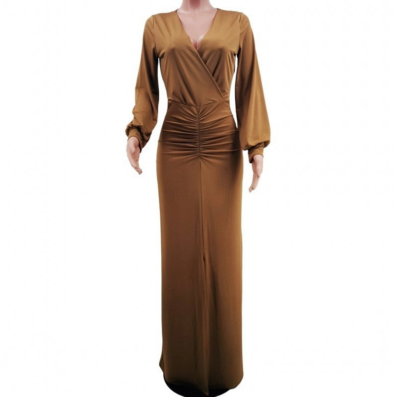 V Neck Lantern Sleeve Maxi Dress with Slim Draped Silhouette in Chic Solid Color Fashion - Flexi Africa - Flexi Africa offers Free Delivery Worldwide - Vibrant African traditional clothing showcasing bold prints and intricate designs