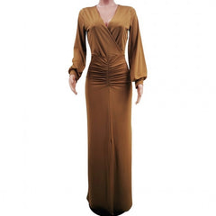 V Neck Lantern Sleeve Maxi Dress with Slim Draped Silhouette in Chic Solid Color Fashion - Flexi Africa - Flexi Africa offers Free Delivery Worldwide - Vibrant African traditional clothing showcasing bold prints and intricate designs