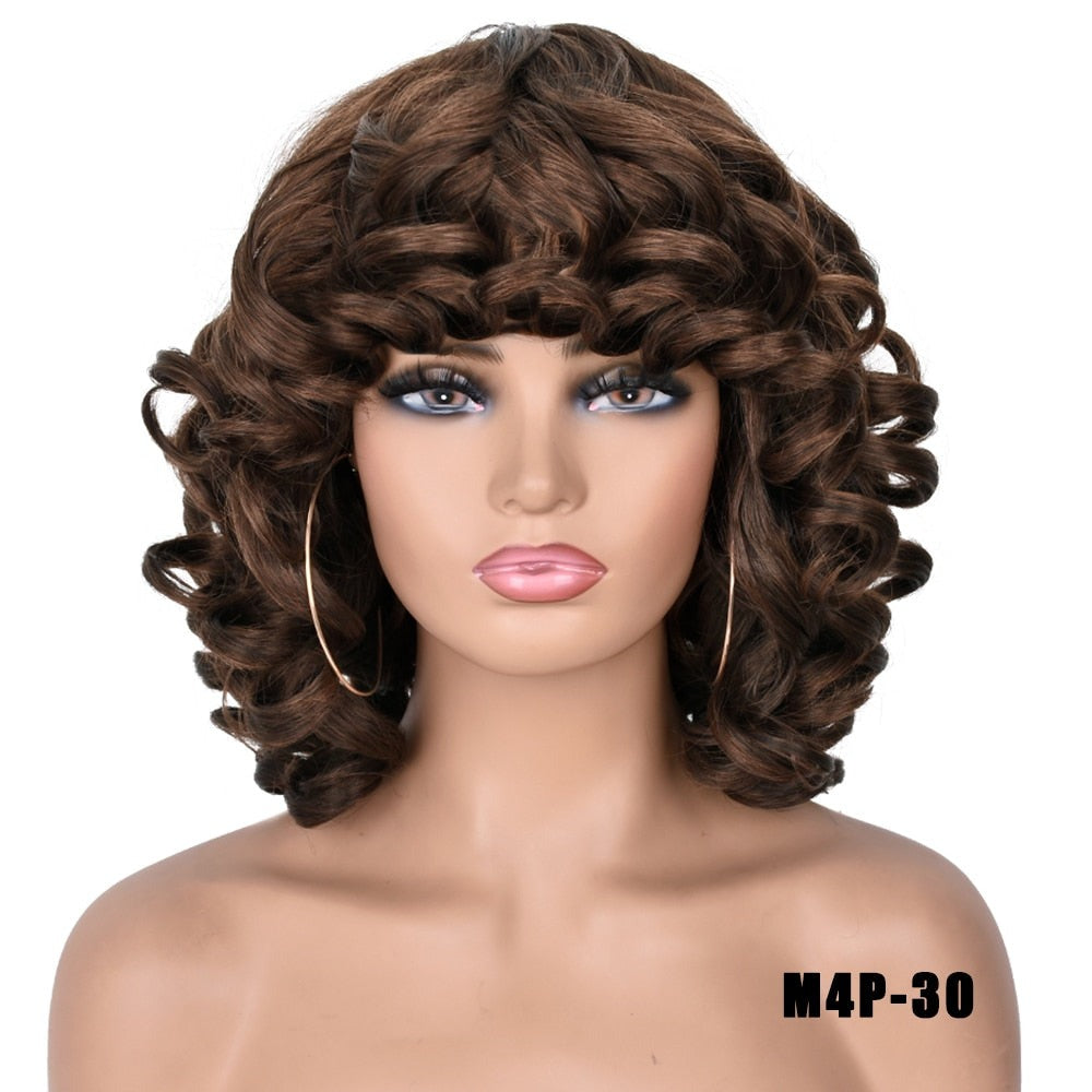 Short and Sassy: 14" Afro Curly Wig with Bangs for Black Women - Heat Resistant and Glueless - Flexi Africa - Flexi Africa offers Free Delivery Worldwide - Vibrant African traditional clothing showcasing bold prints and intricate designs