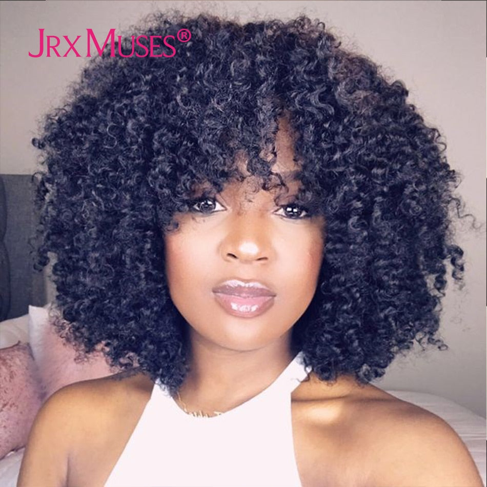 Thick & Curly: 200 Density Human Hair Wig with Bangs - Short Bob Afro Kinky Machine Made Wigs for Black Women - Flexi Africa - Flexi Africa offers Free Delivery Worldwide - Vibrant African traditional clothing showcasing bold prints and intricate designs