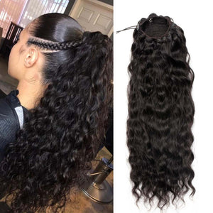 Black Beauty Wave: Premium Remy Human Hair Drawstring Ponytail Extension with Natural Wavy Texture for Black Women - Brazilian Afro Style in Natural Color - Yepei Pony Tail