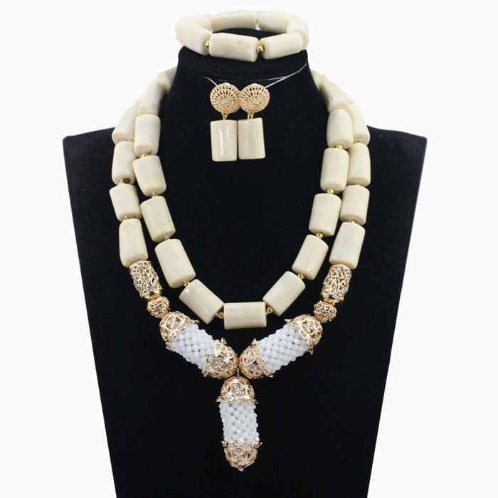 Elegant White Coral Beads Jewelry Set for Brides African Wedding Necklace, Earrings & Bracelet - Flexi Africa - Flexi Africa offers Free Delivery Worldwide - Vibrant African traditional clothing showcasing bold prints and intricate designs