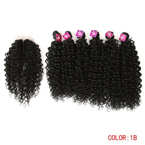 Crown & Glory: 7PC Noble Afro Kinky Curly Hair Bundles with Closure - 16-20" Synthetic Hair Weave with Lace for Black Women