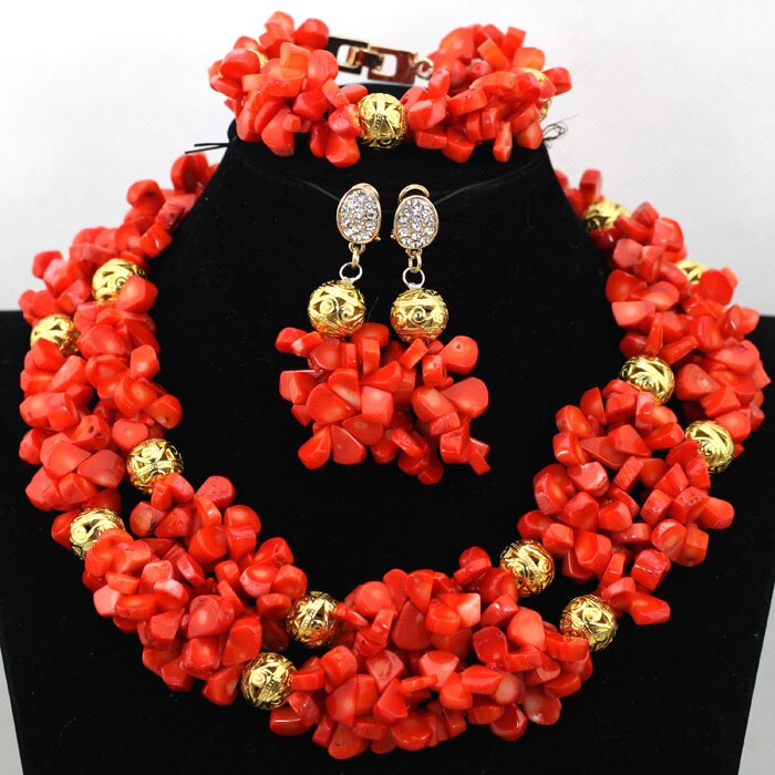 Luxury Red Coral African Golden Bridal Wedding Jewelry Set - Real Original Coral Accessories - Flexi Africa - Flexi Africa offers Free Delivery Worldwide - Vibrant African traditional clothing showcasing bold prints and intricate designs