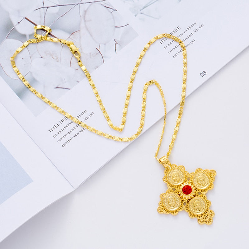 Ethiopian Cross Coin Pendant: Gold Colored Wedding Jewelry with Cultural Significance - Flexi Africa - Flexi Africa offers Free Delivery Worldwide - Vibrant African traditional clothing showcasing bold prints and intricate designs