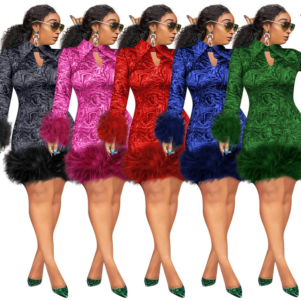 Woman Winter Dress African Print Feather Dress For Women Long Sleeve Evening Party Dress Plus Size 5XL Clothing - Flexi Africa - Flexi Africa offers Free Delivery Worldwide - Vibrant African traditional clothing showcasing bold prints and intricate designs