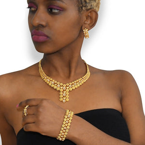 Introducing the Nigerian Gold Plated Wedding Jewelry Set - Complete African Chokers Necklace, Earrings, and Rings Fashion Bridal Jewellery Set for Women, Inspired by Dubai's Rich Culture and Traditions