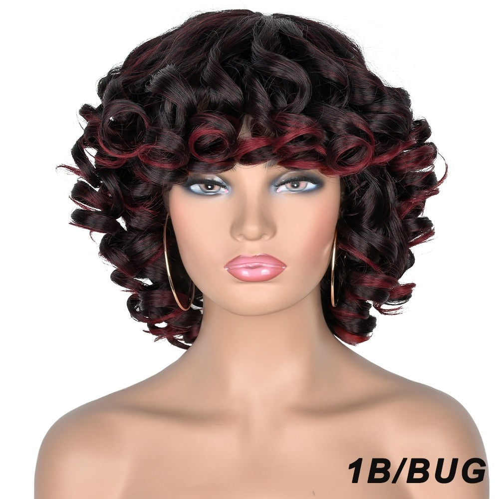 Short and Sassy: 14" Afro Curly Wig with Bangs for Black Women - Heat Resistant and Glueless - Flexi Africa - Flexi Africa offers Free Delivery Worldwide - Vibrant African traditional clothing showcasing bold prints and intricate designs