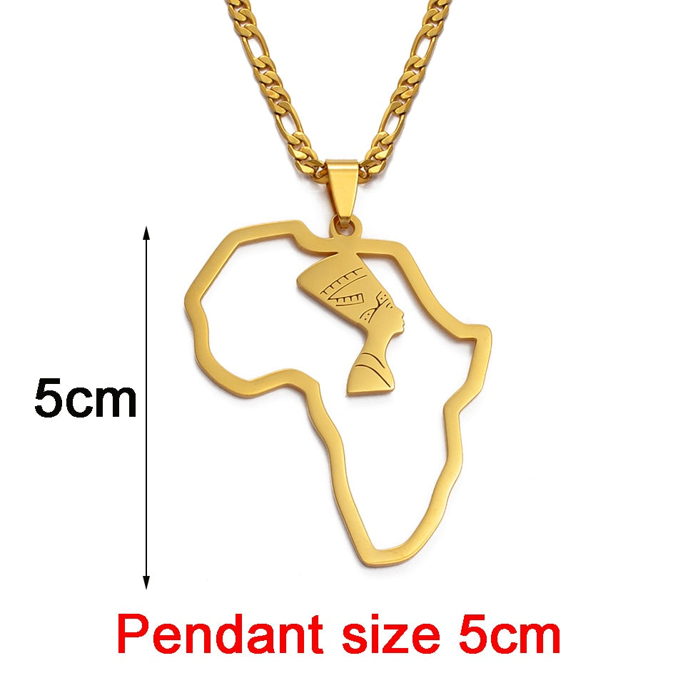 Africa Map Nefertiti Pendant Necklaces in Gold - Flexi Africa - Flexi Africa offers Free Delivery Worldwide - Vibrant African traditional clothing showcasing bold prints and intricate designs