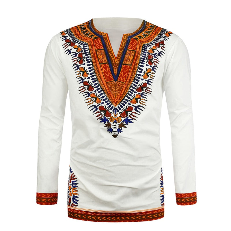 African Print Shirts for Men - White Polished Cotton Tops with Dashiki Design Plus Size Long T-shirts - Flexi Africa - Flexi Africa offers Free Delivery Worldwide - Vibrant African traditional clothing showcasing bold prints and intricate designs