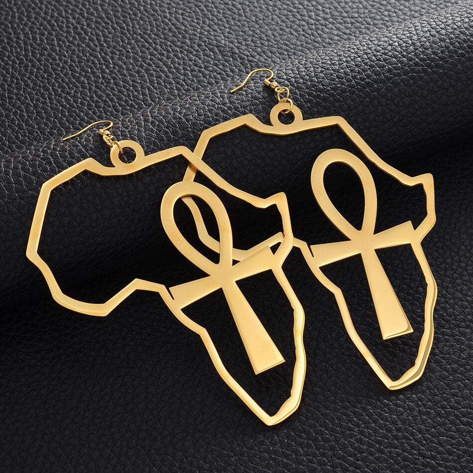 Exaggerated Elegance: African Map Big Ankh Earrings with Traditional Ethnic Style and Symbolism - Flexi Africa - Flexi Africa offers Free Delivery Worldwide - Vibrant African traditional clothing showcasing bold prints and intricate designs