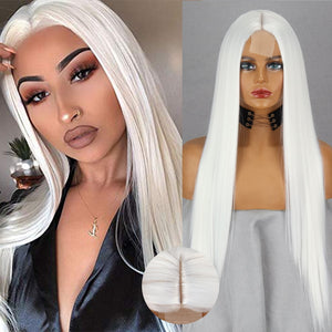 Long Straight White Natural Wig for African Women - Middle Part Heat Resistant Synthetic Wig - Ideal for Daily Wear and Cosplay