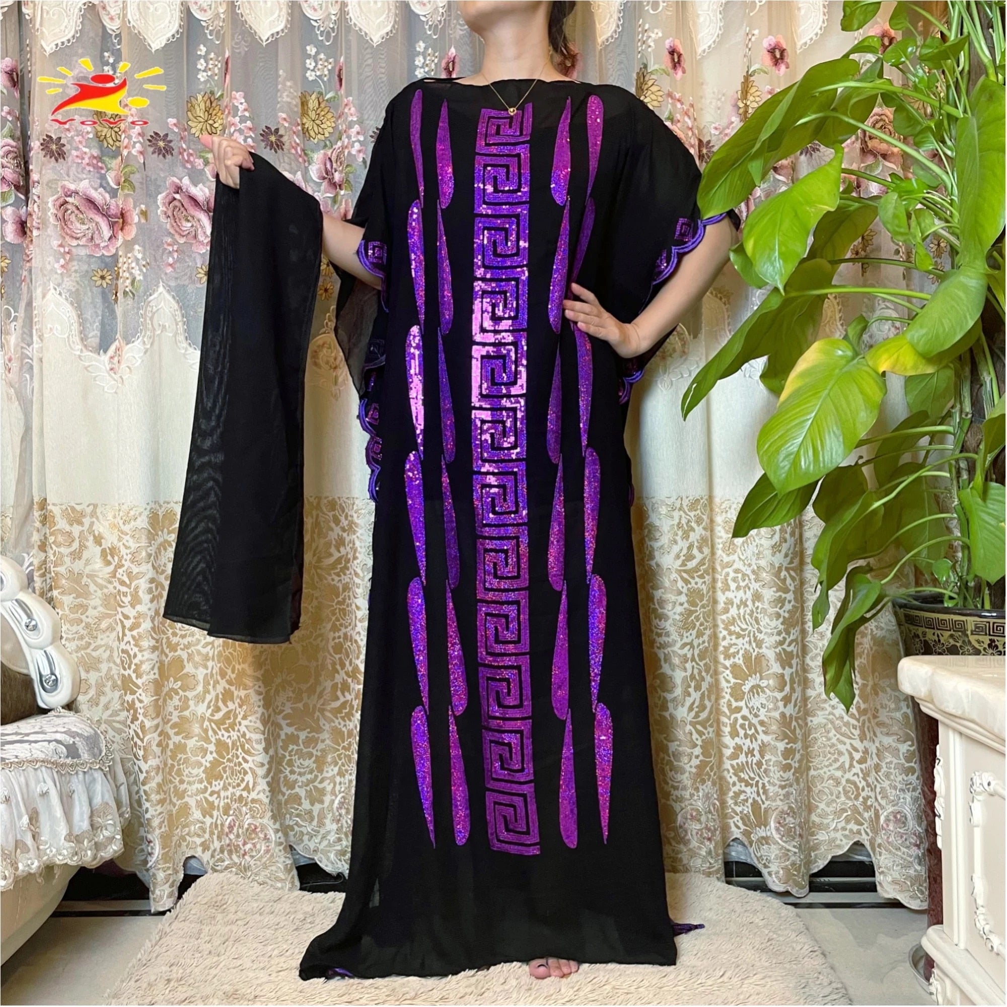 Stunning African Embroidery Flower Dress for Women - Muslim Sequin Embroidery and Scarf Included - Flexi Africa - Flexi Africa offers Free Delivery Worldwide - Vibrant African traditional clothing showcasing bold prints and intricate designs