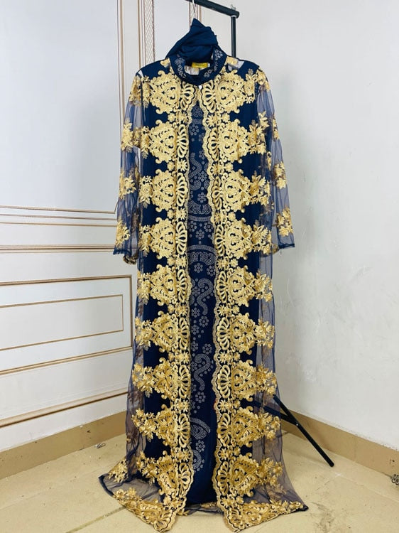 Stunning African Lace Embroidered Coat and Pressed Diamond Pattern Long Dress Set with Scarf - Flexi Africa - Flexi Africa offers Free Delivery Worldwide - Vibrant African traditional clothing showcasing bold prints and intricate designs
