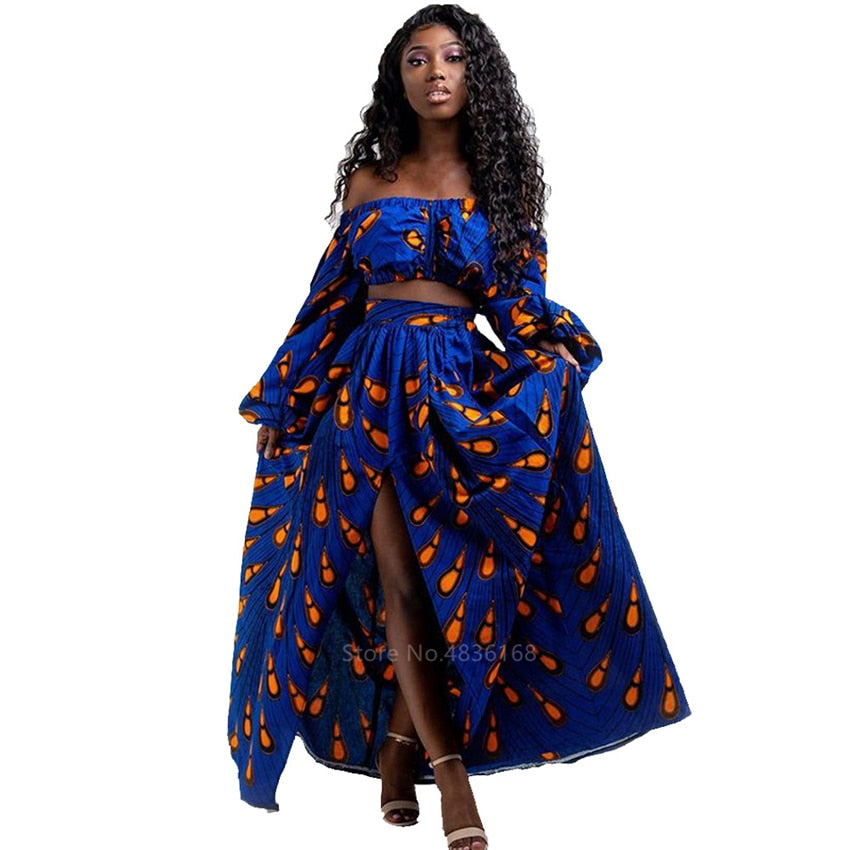Feathered Flair: 2PC African Dresses for Women - Autumn Set with Full Sleeves, Off-Shoulder Design, Dashiki Print, and Split Skirts - Flexi Africa - Flexi Africa offers Free Delivery Worldwide - Vibrant African traditional clothing showcasing bold prints and intricate designs