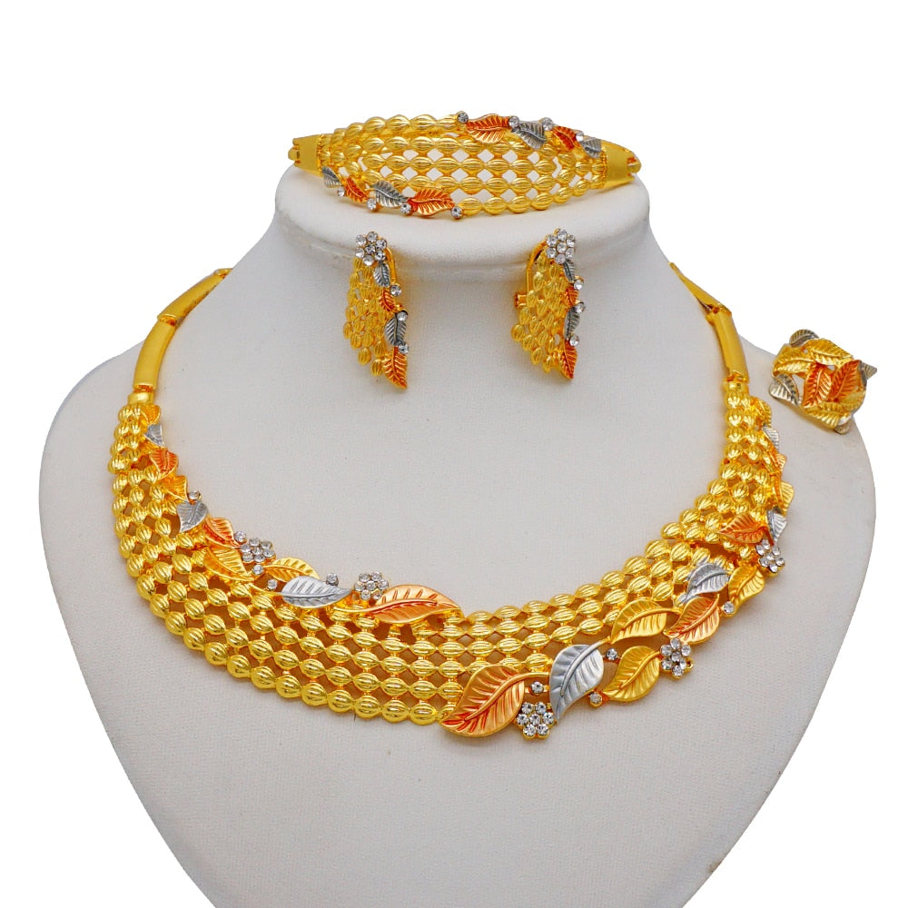 Gold Necklace Set for Women: Ideal for Nigerian African Weddings Complete with Earrings Rings - Flexi Africa - Flexi Africa offers Free Delivery Worldwide - Vibrant African traditional clothing showcasing bold prints and intricate designs