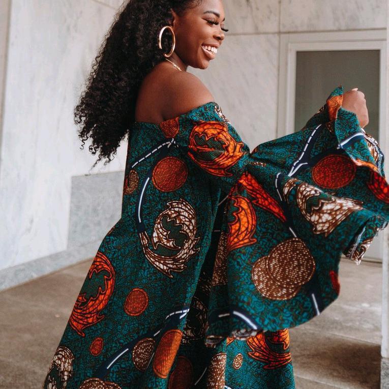 Flower Power African Dress - Polyester Off-The-Shoulder Backless Dress - Flexi Africa - Flexi Africa offers Free Delivery Worldwide - Vibrant African traditional clothing showcasing bold prints and intricate designs
