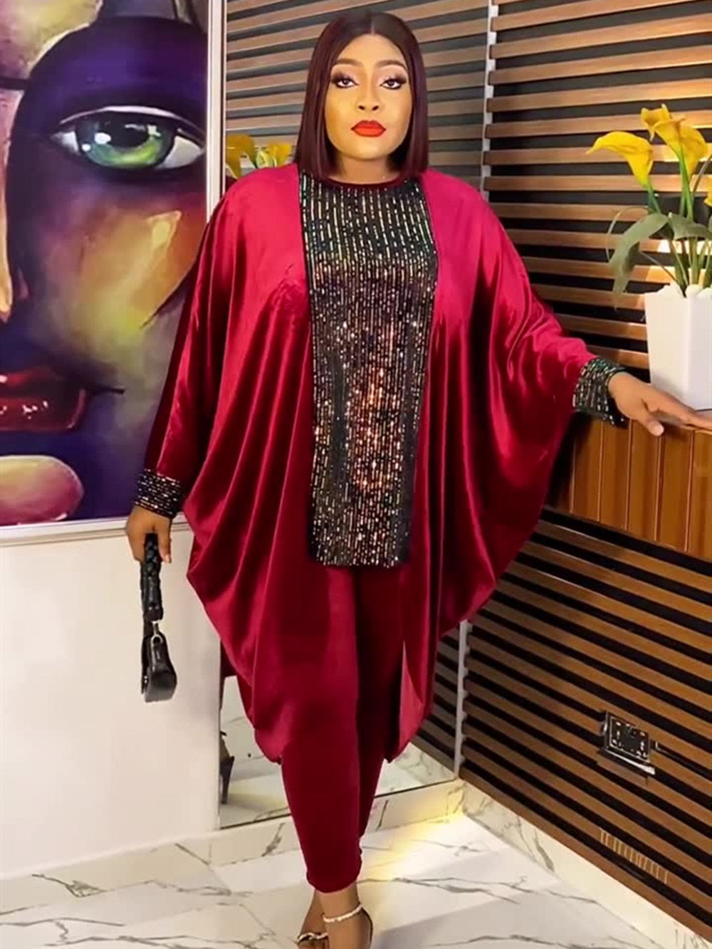 Classy Plus Size: 2-Piece Elegant African Ankara Dashiki Ensemble Velvet Top & Pants - Flexi Africa - Flexi Africa offers Free Delivery Worldwide - Vibrant African traditional clothing showcasing bold prints and intricate designs