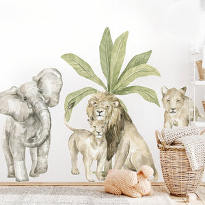 Boho Safari Adventure Watercolor Wall Sticker Set - Large African Lion, Giraffe, and Wild Animals with Tropical Trees - Perfect for Nursery, Kids Boys Room, and Home Decor