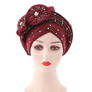 Only shop at Flexi Africa for Flowers Sparkling Diamonds Bonnets for Women Already Made Auto Gele Hijab Aso Oke Headtie Scarf Headwraps Turban Hat for African Free Worldwide International Express Shipping only at Flexi Africa!