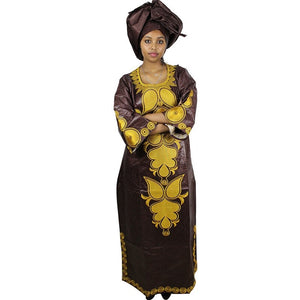 Stunning African Bazin Riche Embroidery Long Dress and Scarf Set for Women - Perfect for Formal Occasions