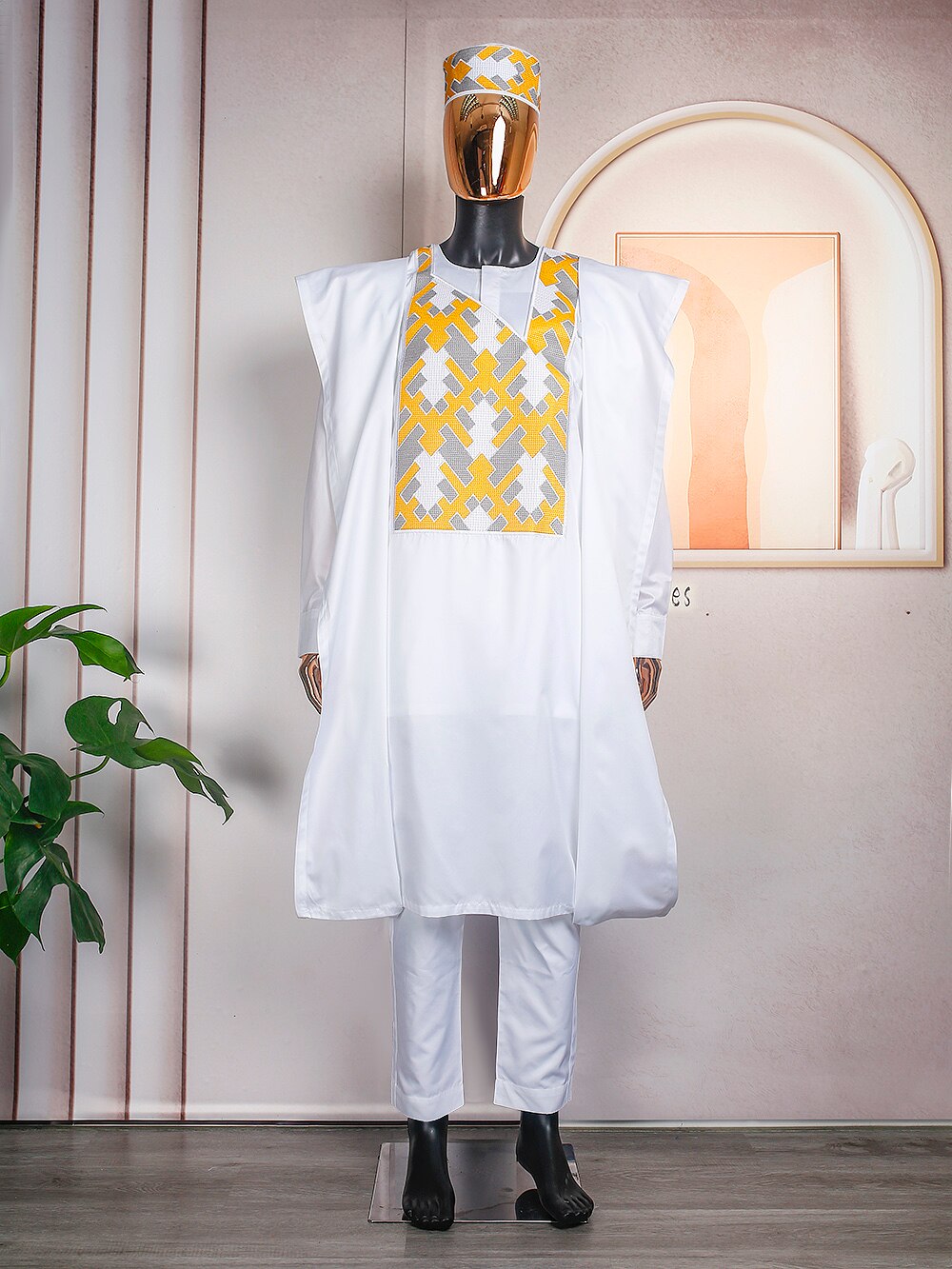 3PC Embroidered Set with Full Dress, Coat, Pants, Shirt, Robe, and Hat - Flexi Africa - Flexi Africa offers Free Delivery Worldwide - Vibrant African traditional clothing showcasing bold prints and intricate designs